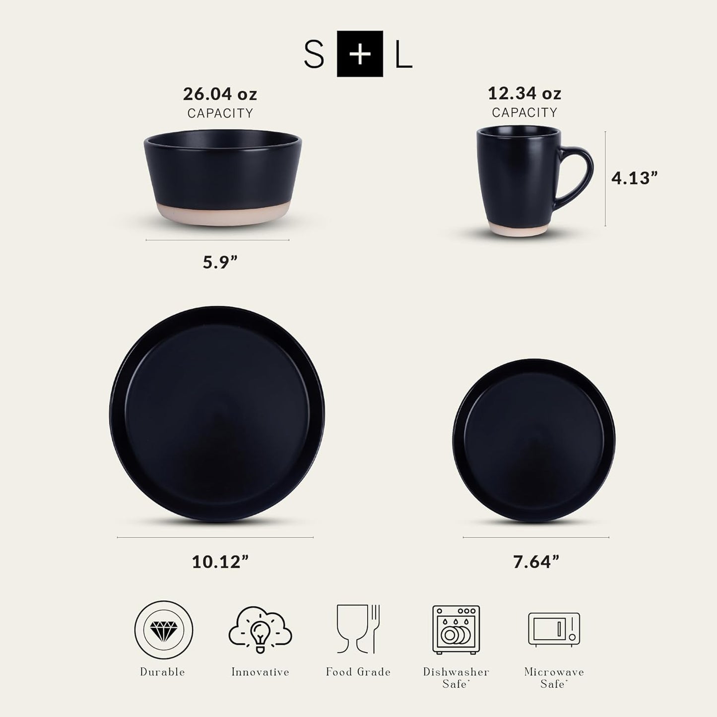 Stone Lain Jules Modern Stoneware 16-piece Round Black Dinnerware Set, Plates and Bowls Sets, Dish Set for 4, Black