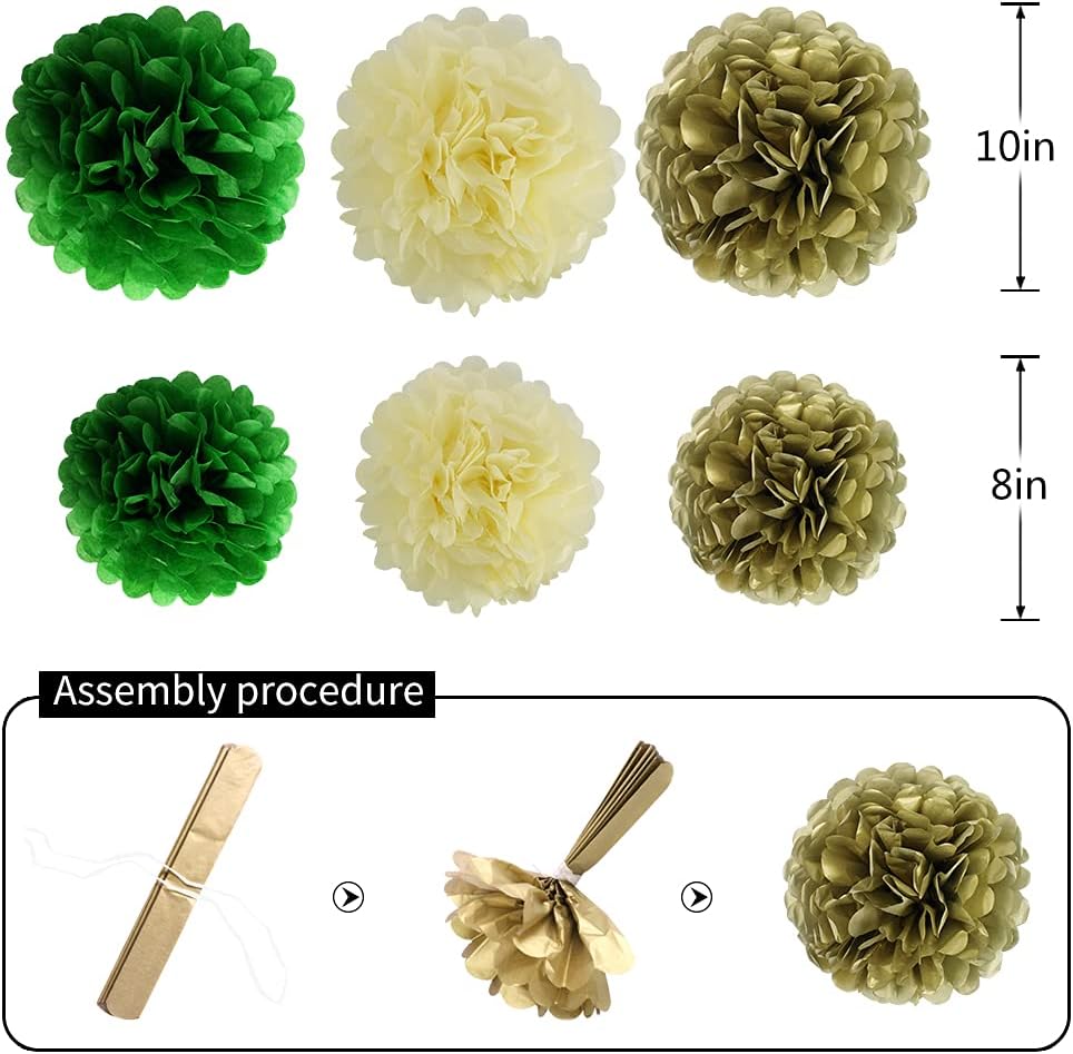 Green Gold Party Decorations, Hanging Paper Lanterns and Pom Poms Flowers for Woodland Baby Shower Graduation Green Birthday Party Decor 15PCS