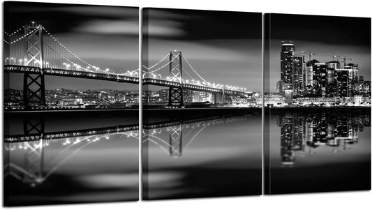 KREATIVE ARTS - San Francisco Bay at Night in Black and White Bridge 3 Panels Modern Landscape Artwork Canvas Prints Cityscape Pictures Paintings on Canvas Wall Art for Home Decor (16x24inchx3pcs)
