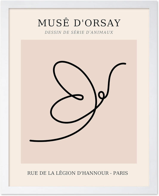 Poster Master Vintage Poster - Retro One Line Butterfly Drawing Print - Butterfly Line Art - Minimal Gift for Him, Her, Animal Lover - Abstract Decor for Home, Office, 11x14 White Framed