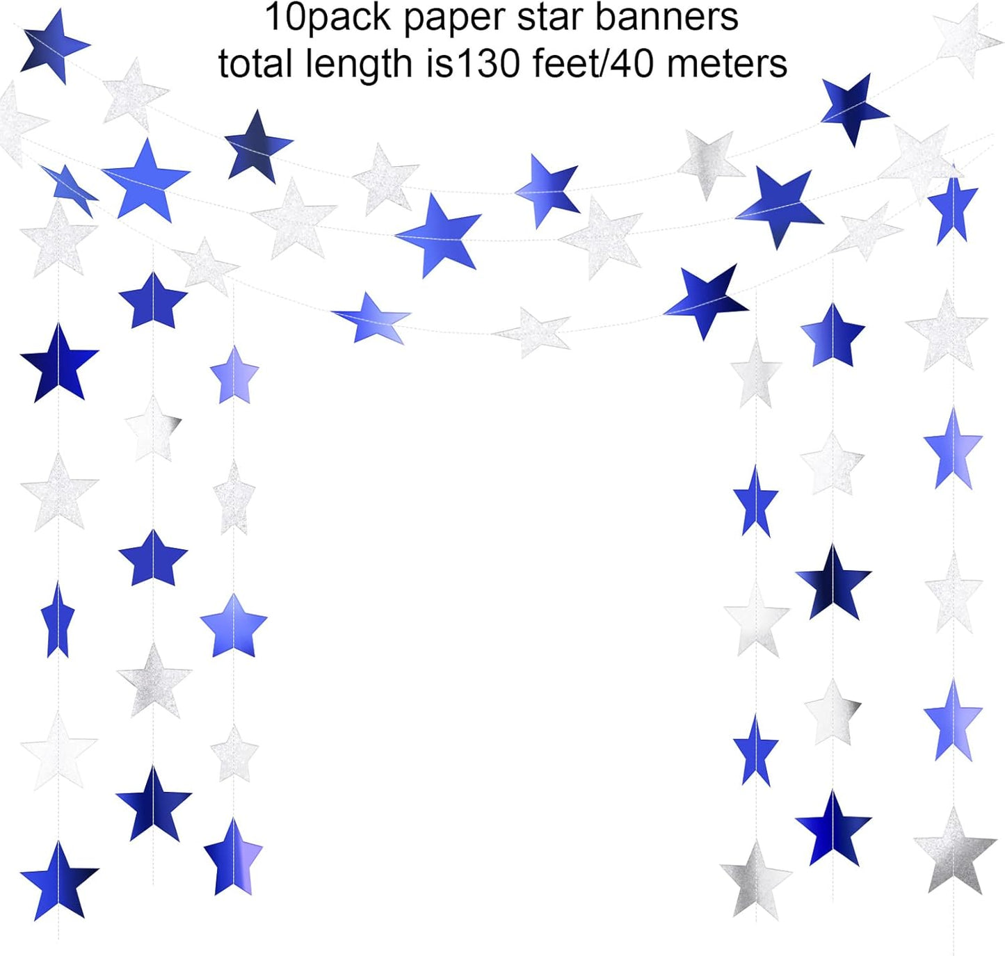 Patelai Glitter Star Garland Banner Decor 130 Feet Star Hanging Bunting Banner Twinkle Backdrop for Homecoming Classroom Wedding Birthday Halloween Christmas Party Supplies(Ocean Blue, Glitter Silver)