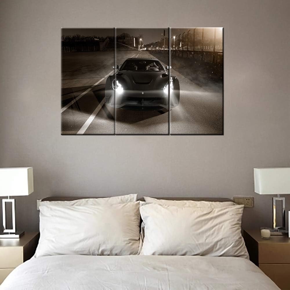 TUMOVO Sports Car Canvas Wall Art 3D Model Design On Black Background Picture Painting for Home Decoration Stretched Canvas and Ready to Hang - 28 x 14inch x 3 Panels