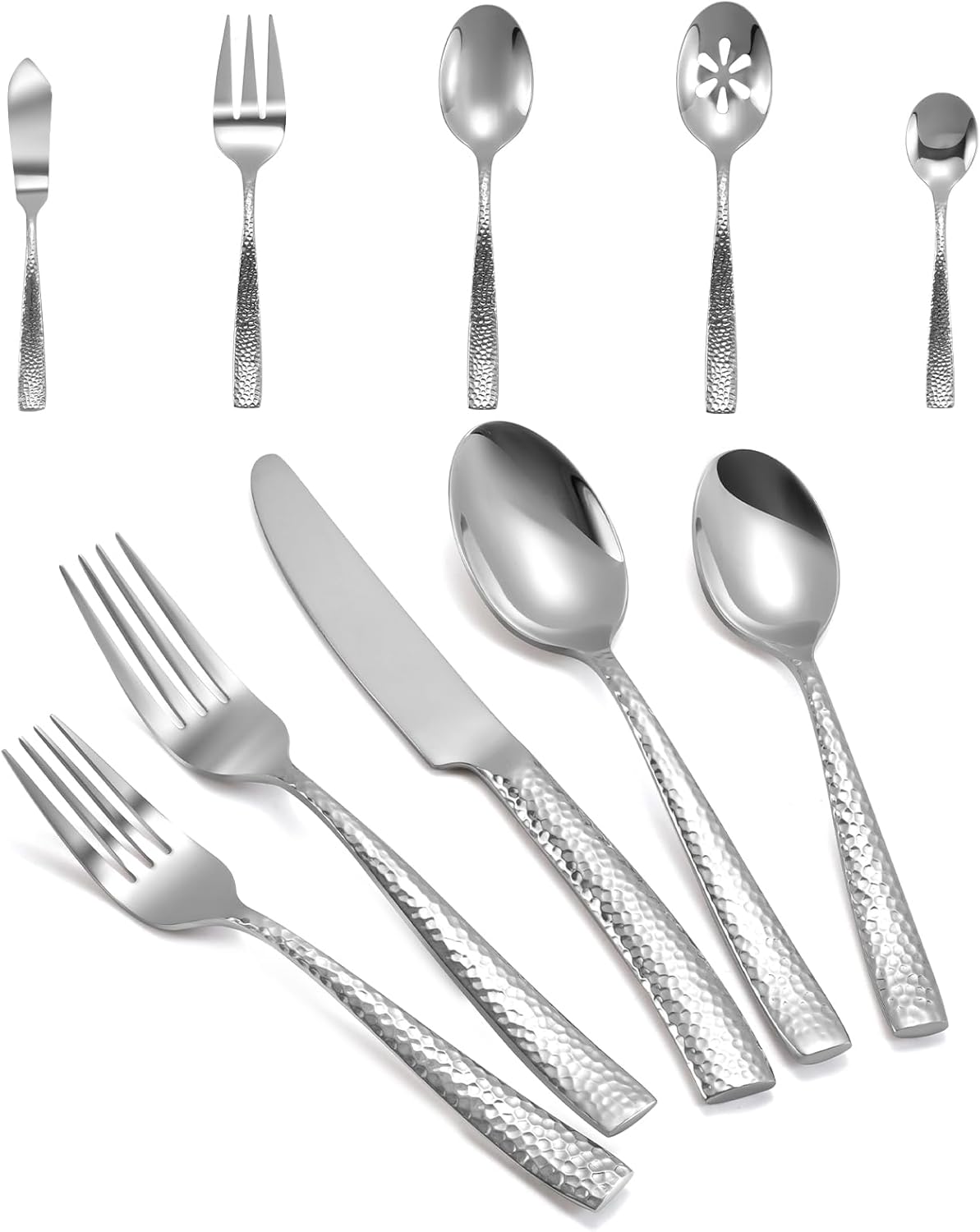 Silverware 45-Piece Silver Hammered Flatware Set with Serving Utensils Stainless Steel Thick Handle Mirror Polished Cutlery Set for Wedding Hotel Restaurant, Service for 8