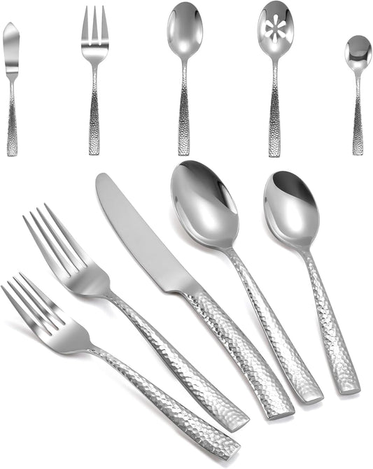 Silverware 45-Piece Silver Hammered Flatware Set with Serving Utensils Stainless Steel Thick Handle Mirror Polished Cutlery Set for Wedding Hotel Restaurant, Service for 8