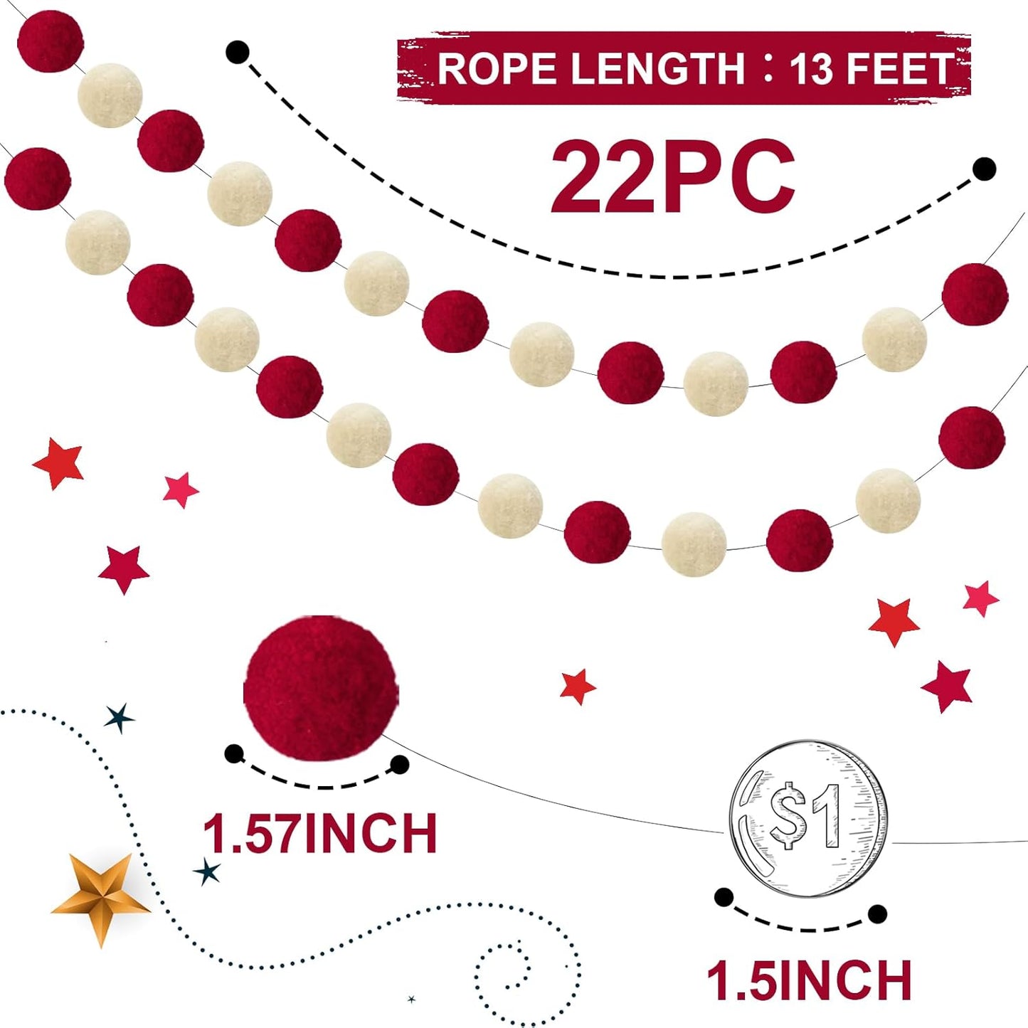 TBD Decor 2pk Red Pom Pom Garland 13FT Large Felt Ball Garland Christmas Decoration for Mantle,Indoor Holiday Wedding Birthday Party Supplies (Red&White,4cm)