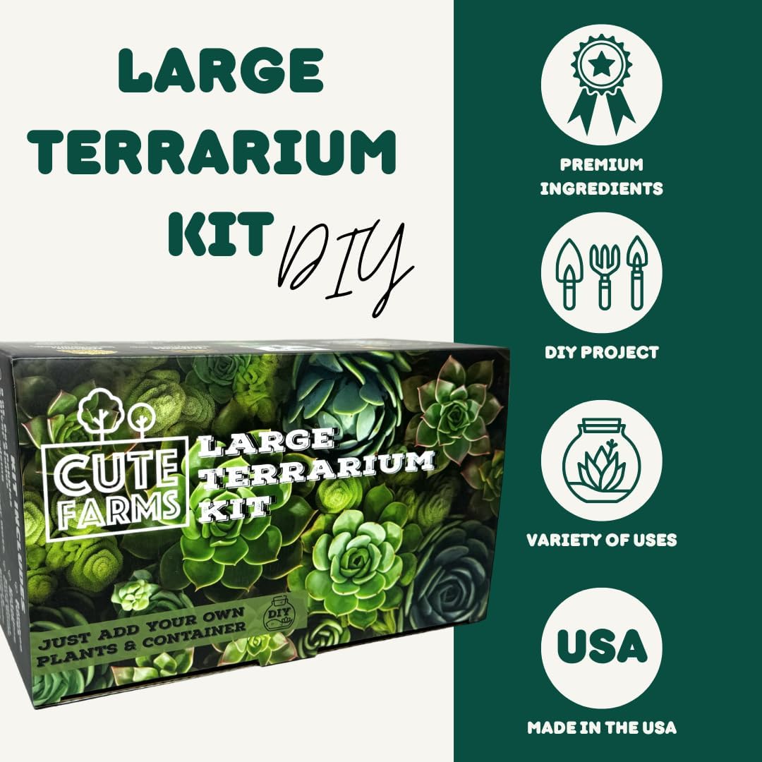 Cute Farms Terrarium Starter Kit | Moss, Vermiculite, Soil, Pebbles, Plant Food, & Finishing Tools (Large + 8 Live Plants)