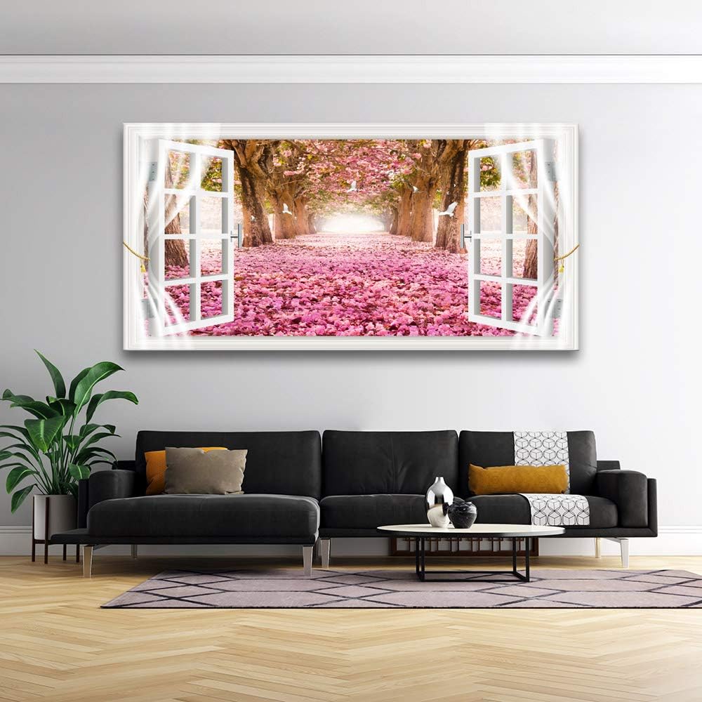 AH40174 Wall Art CanvasTrees and Pink Rose Paintings Printed Pictures Stretched and Framed Ready to Hang for Home Decorations Office Wall Decor Artwork 28x56inch