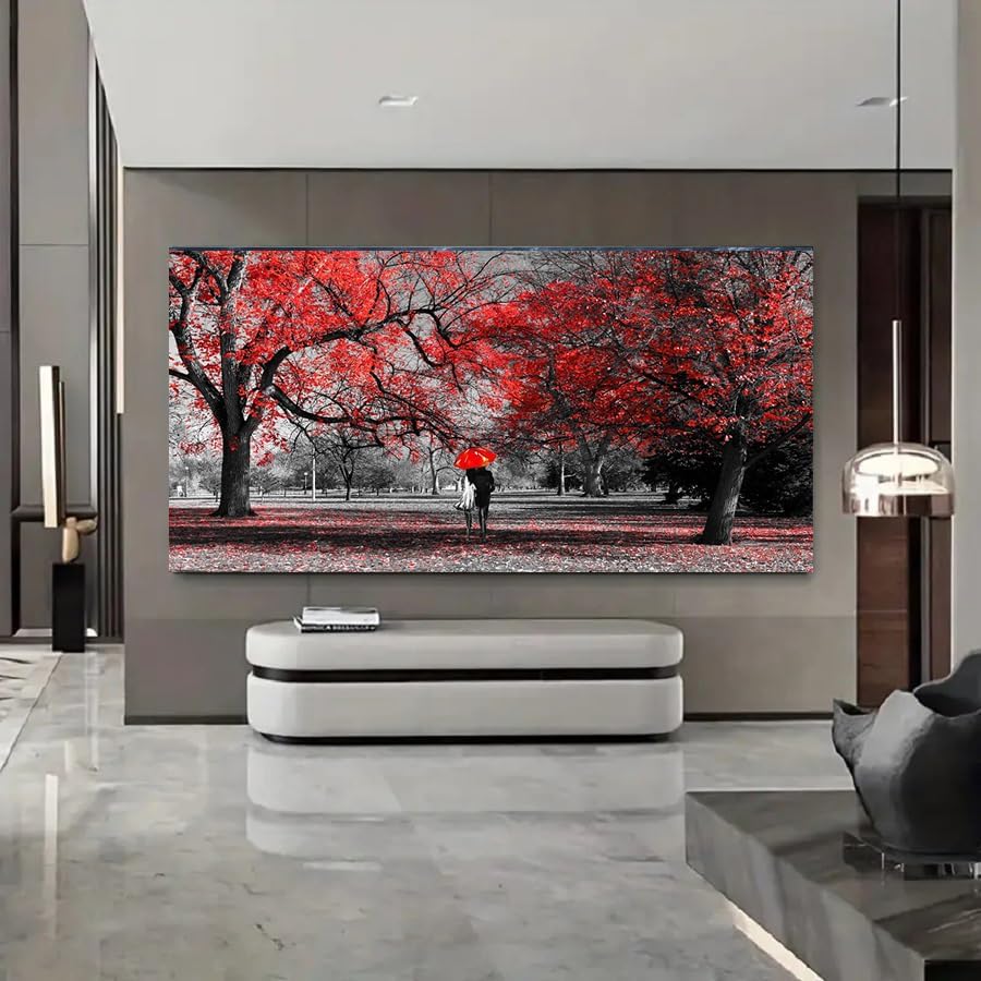 Bamdeya Wall Art for Bedroom Black and White Red Wall Decor Scenery Tree Prints Art Forest Canvas Painting Artwork Living Room Decor Large Framed Picture Home Decoration-24x48inches