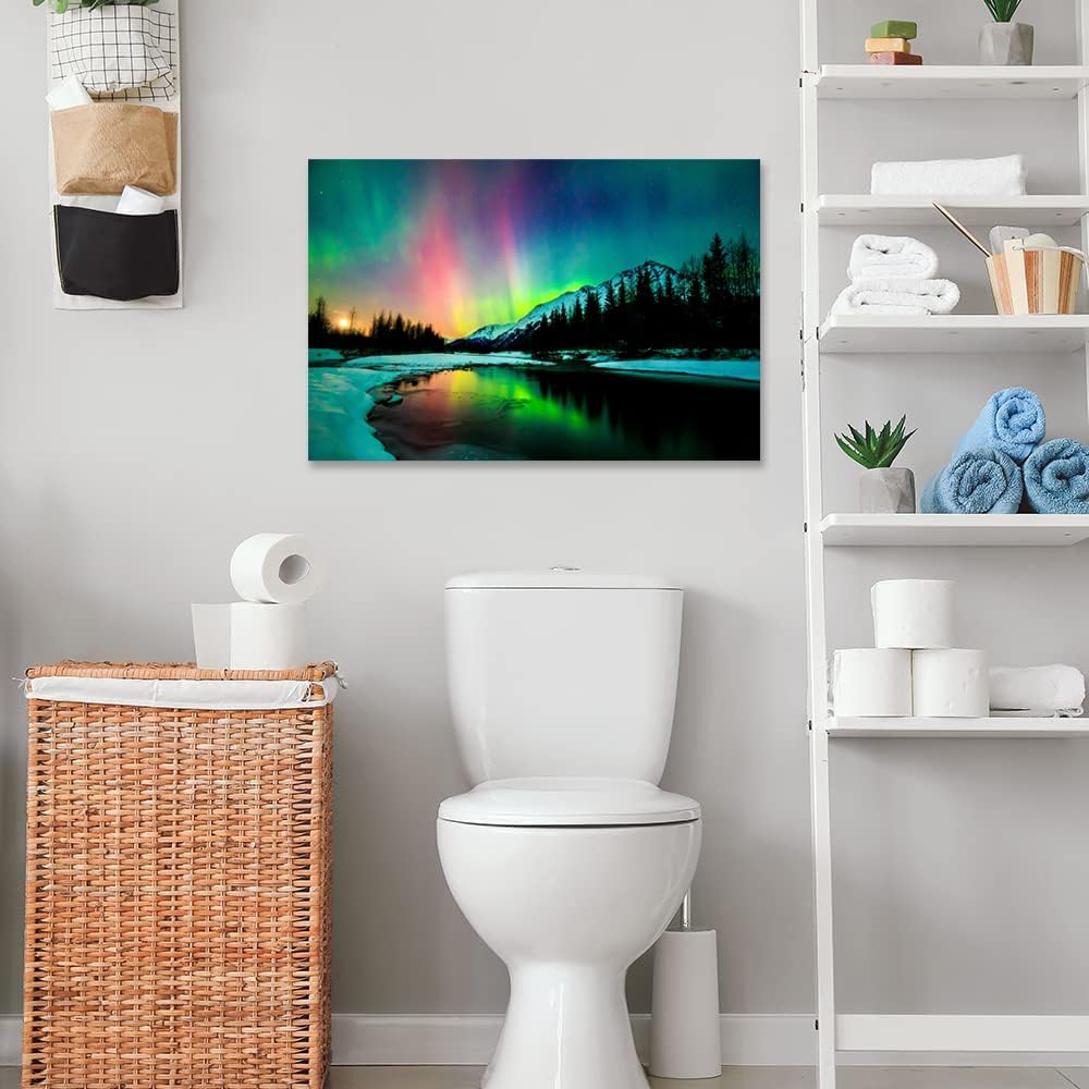 Aurora Borealis Canvas Wall Art Northern Lights Canvas Print Painting for Living Room Snowy-Mountains-Landscape Poster Picture Wooden Framed Prints Ready to Hang(28.00"x44.00")