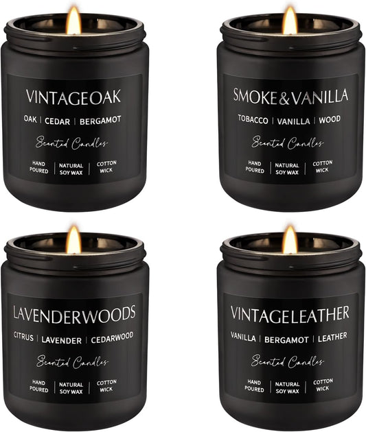 Scented Candles Gift Set - 4 Pack (7oz Each) Soy Wax Aromatherapy Candles with Essential Oils, Smokeless - Leather & Smoke, Vanilla Oakmoss, Lavender - Relaxing Fragrance for Home, Office, Yoga