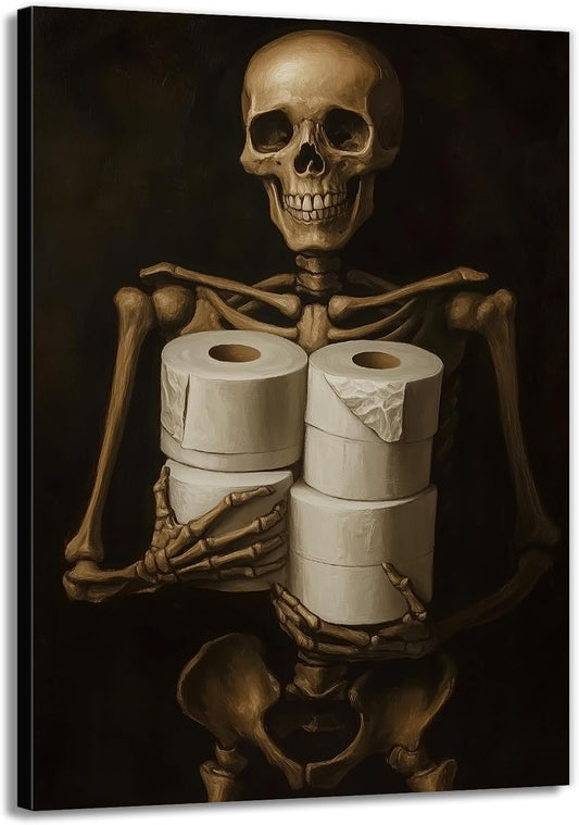 Gothic Skull Wall Art Funny Skeleton with Toilet Paper Canvas Print Vintage Skull Painting Framed Artwork for Living Room Home Halloween Wall Decor(Artwork-8,24"x36")