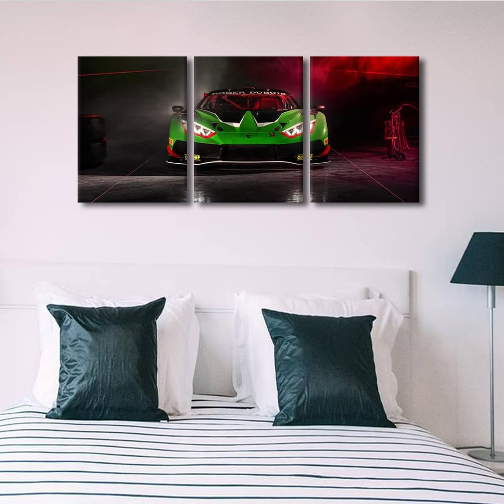 TUMOVO Green Sports Car Pictures for Living Room Supercar Speed Car Canvas Wall Art House Decor Hypercar Modern Office Wall Decor 3 Panels Framed Large Wall Art for Home Teen Boys Bedroom, 36" Wx16 H