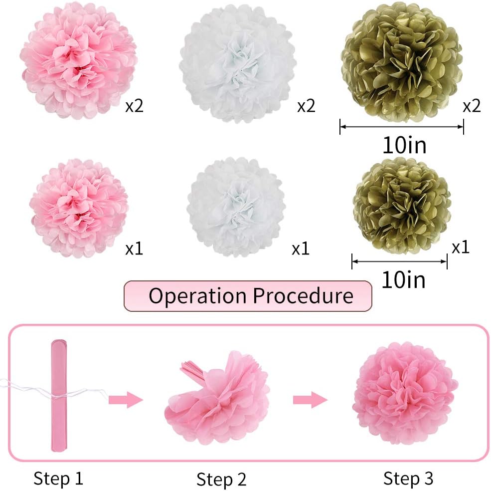 Pink Gold Party Decorations, Pink Gold Paper Lanterns and Pom Poms Flowers for Birthday Party Baby Showers Engagement Tea Party Decor 15PCS