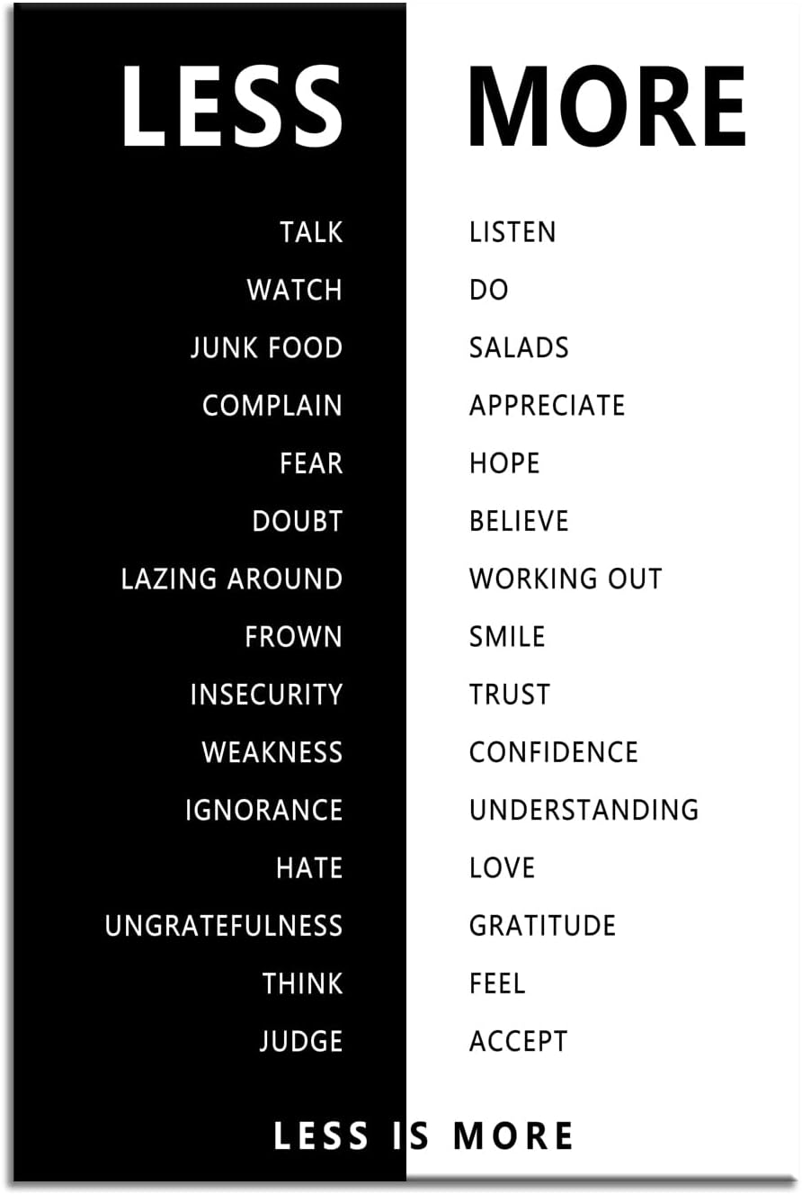 Motivational Print Wall Art for Office Black and White Less is More Inspirational Poster Inspiring Picture Painting Modern Artwork for Home Bedroom Living Room Office Decor Frame[24''W X 36''H]