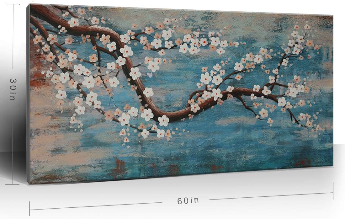 Huge Wall Art for Living Room 100% Hand-Painted Flower Oil Painting On Canvas Gallery Wrapped Floral Plum Blossom Artwork for Bedroom Office Decor One Panel 60x30inch Extra Large