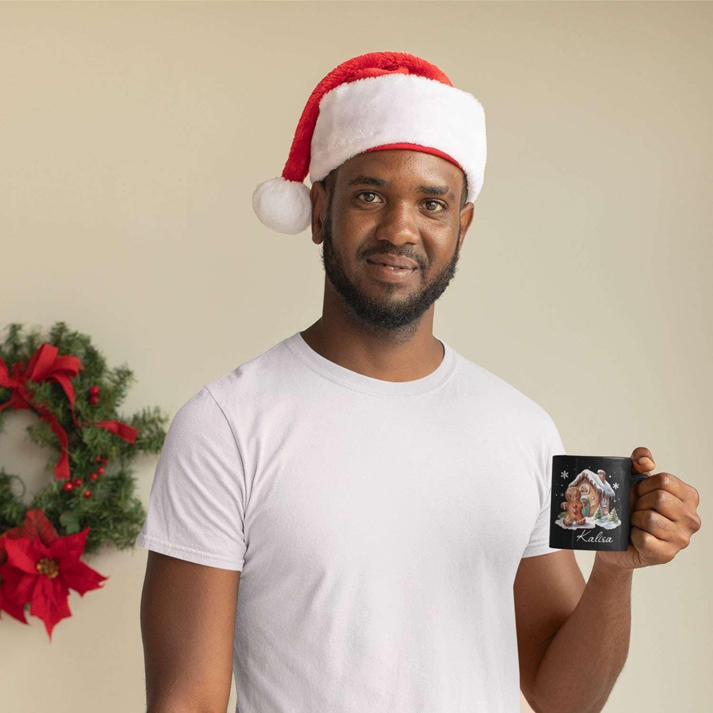 Personalized Christmas Gingerbread Black Cup, Christmas Gingerbread House Design Mug, Customized Name Christmas Coffee Cup 11oz 15oz, Custom Xmas Themed Ceramic Mug, Gift For Son Daughter