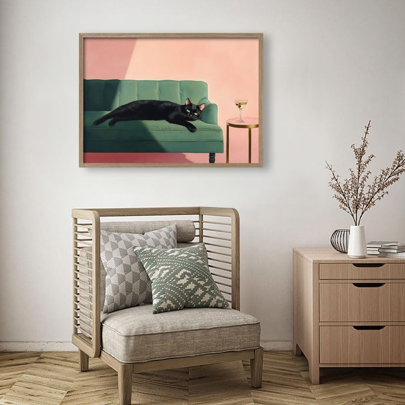 Wood framed black cat wall art modern style canvas print lazy black cat poster picture decoration painting gallery style artwork suitable for living room bedroom decoration 12x16 inch