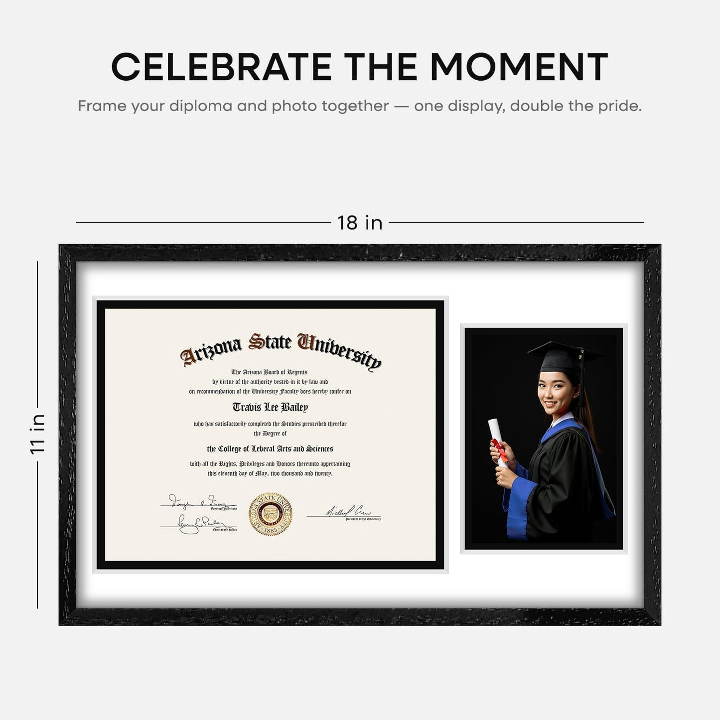 Homeforia 11x18 Black Diploma Frame with Photo, High End Oak 11 x 18 Certificate Wood Frame with Mat 8.5x11 Diploma and 5x7 Picture, 11 by 18 Wooden Document Frames, Tempered Glass, Wall Kit, Set of 1