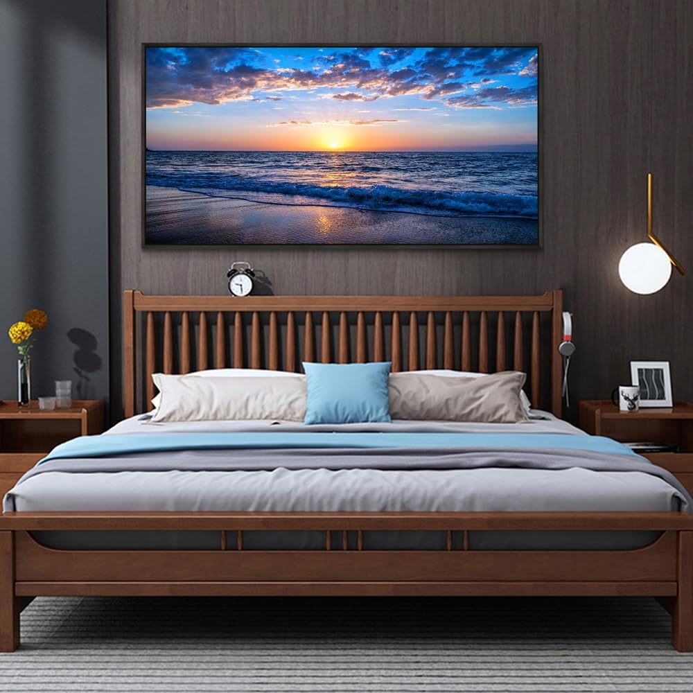 Wapluam Black Framed Wall Decor For Bedroom Large Canvas Wall Art For Living Room Office Wall Decorations Blue Ocean Wall Painting Sea Beach Seascape Pictures Fashion Artwork Hotel Room Home Decor