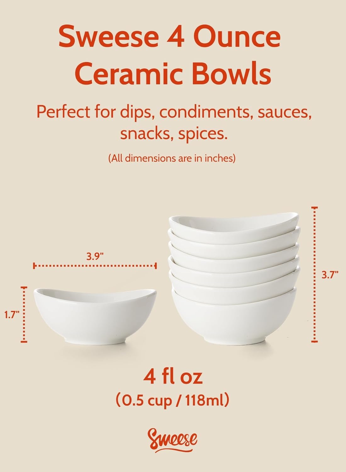 Sweese 4 oz Porcelain Bowls Set of 6 - White, Small Dipping/Snack/Sauce/Condiment Dish - Microwave, Dishwasher Oven Safe
