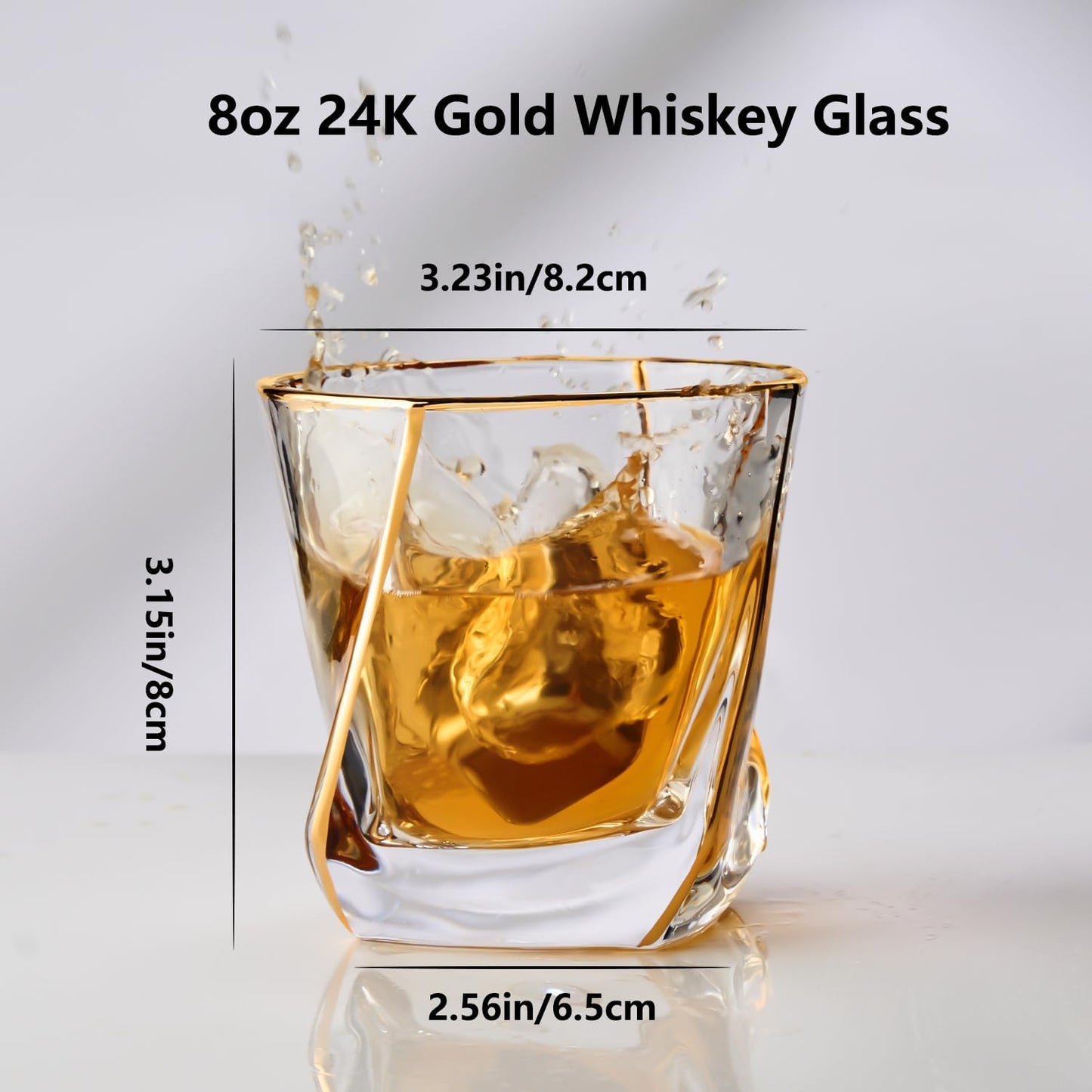 Crystal Whiskey Glasses Set of 2 with 24K Gold Rim,Bar Glasses,Twisted Whiskey Glass Gold Collection for Bourbon,Scotch and Wine,Rock Barware for Men Gift - 8oz