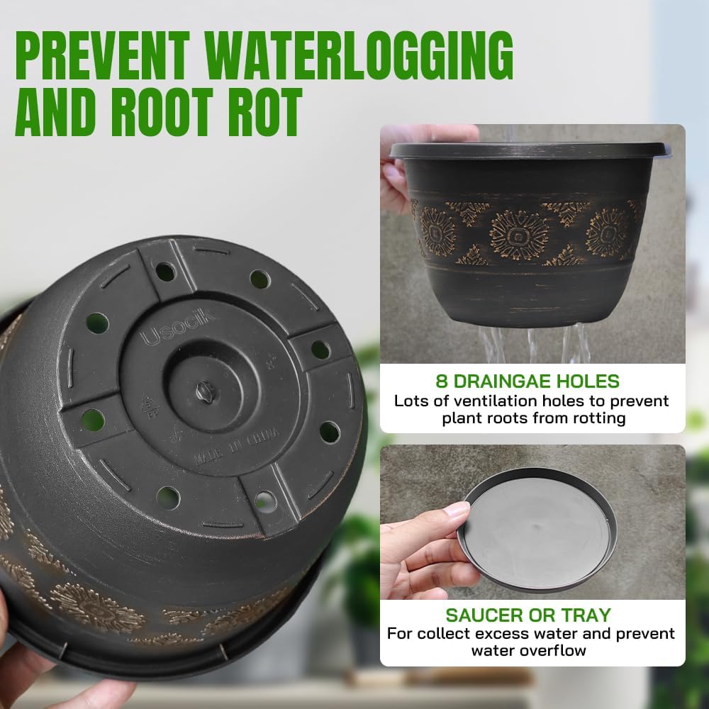 4 Pack 12 inch Plant Pots, Retro Pattern Planters with Drainage Holes and Saucer, Sturdy Plastic Garden Flower Pots for Indoor & Outdoor Plants