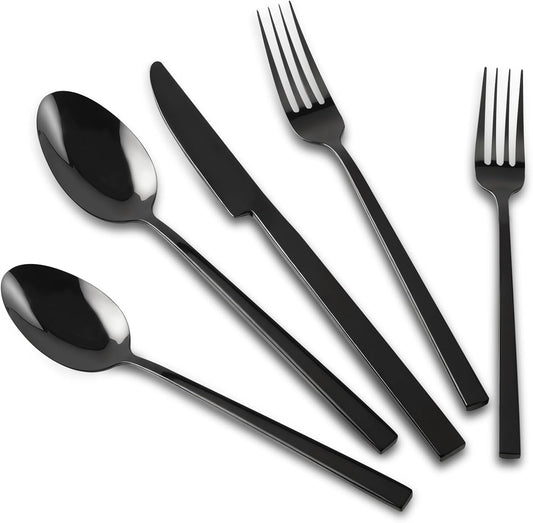 Stainless Steel Flatware Set Hand Forged 18/10 Silverware Set Mirror Black Cutlery Set with Cuboid Handle Matte Finished 20 Pieces Home Event Use Wedding Housewarming Gift Service for 4