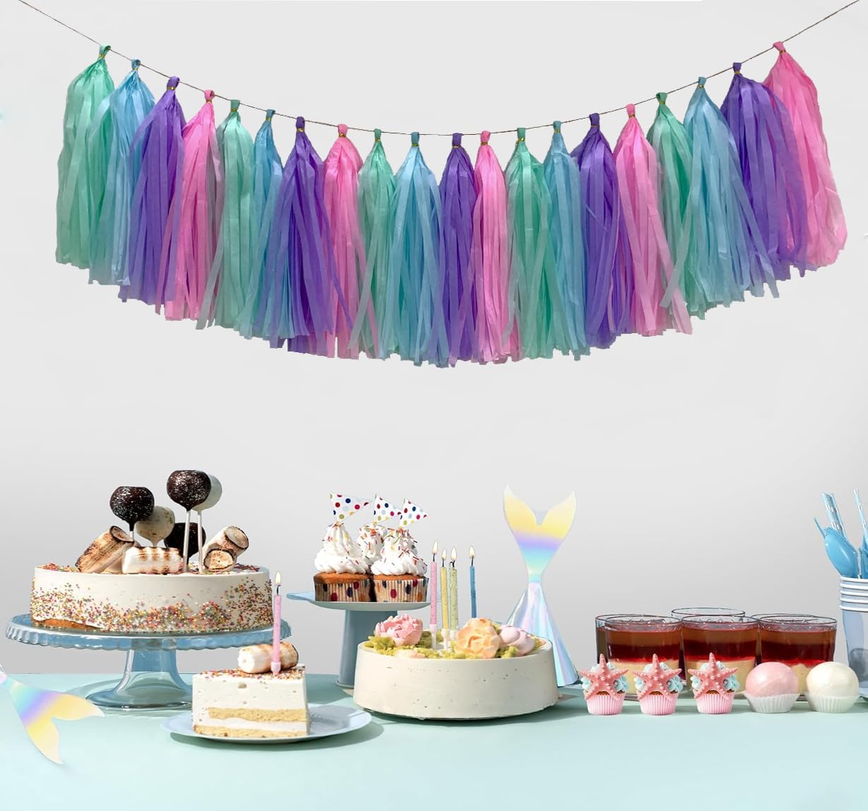Blue Purple Mint Green Pink Tissue Paper Tassel Garland,Tissue Tassel Banner for Party Decorations,Pack of 20