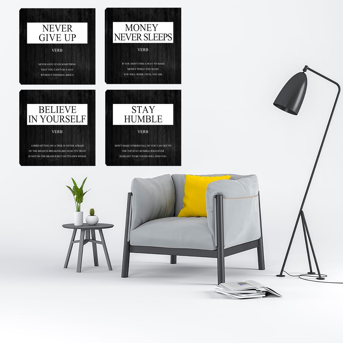 Office Wall Art - Motivational Wall Art, 4 Panel Inspirational Quotes Canvas Art for Home Office Wall Decor, Positive Quotes Wall Art Decor, Entrepreneur Poster Framed Artwork 12”X12”X4