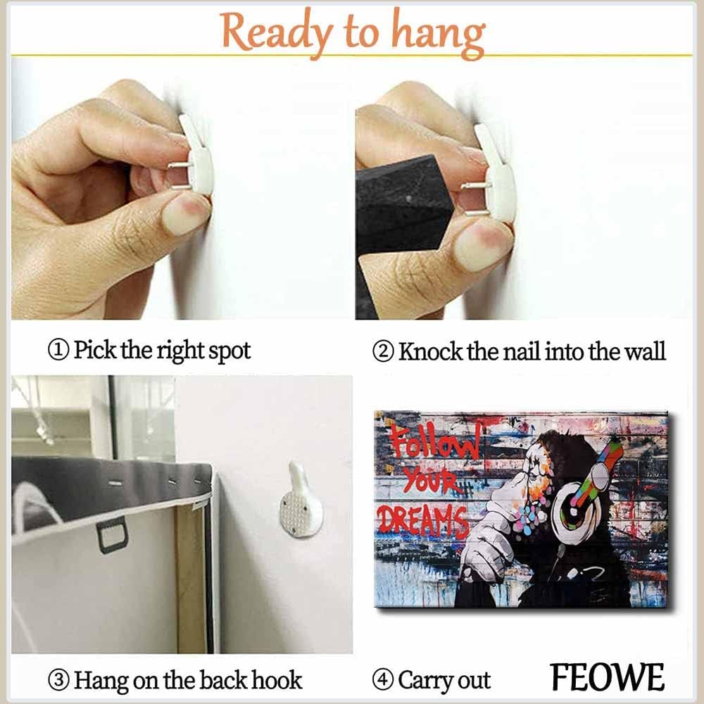 Framed Banksy Graffiti Canvas Wall Art Follow Your Dreams Monkey Poster With Headphones Prints Street Painting Picture Man Cave Wall Decor Pop Art for Living Room Ready To Hang 12"Wx16"H (30x40cm))