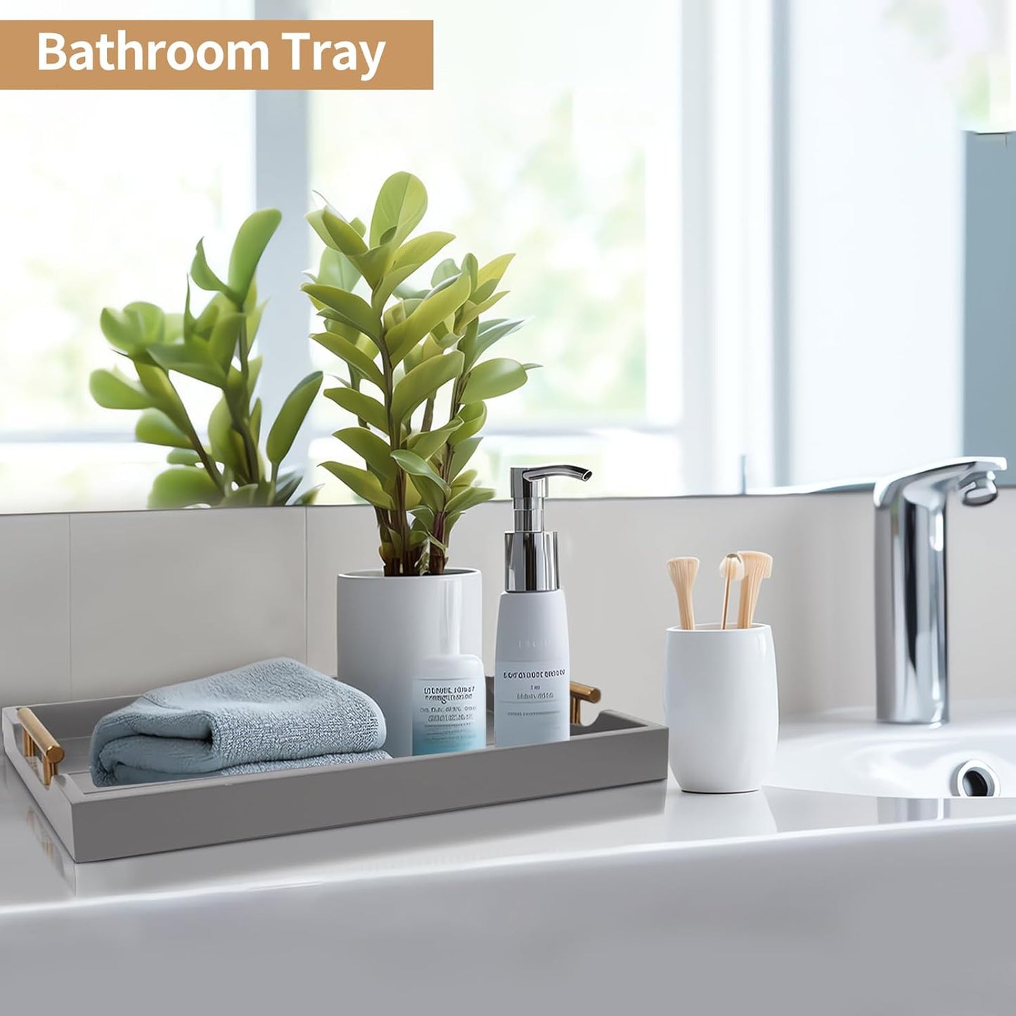 Coffee Table Tray - Large Ottoman Trays for Living Rooms - Wood Serving Tray with Handles(2 Sets) - Wooden Tray for Coffee Table, 4 Round Coasters Included, Gray