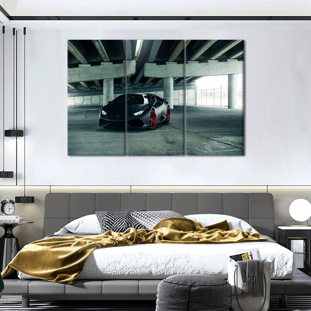 TUMOVO Framed Canvas Wall Art Pictures Ready to Hang 3 Panels Black Sports Racing Cars Painting HD Printed Posters Artwork for Bedroom Living Room Modern Home Decorations - 12 x 24 inch x 3 Pieces