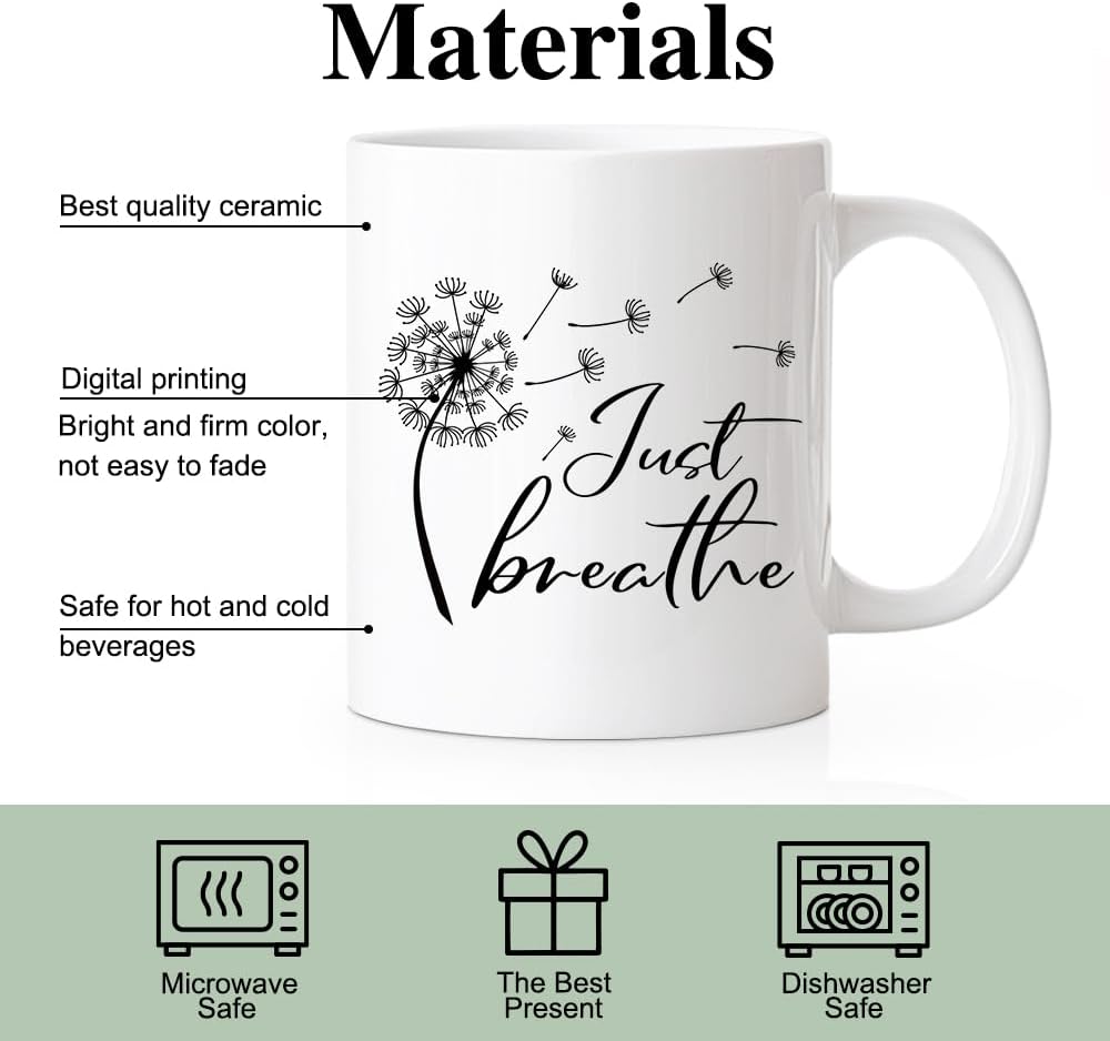 RZHV Just Breathe 11 Oz Novelty Mug, Funny Dandelion Coffee Mug for Floral Lover, Calming Gifts for Yoga Lover, Meditation Mental Health Gifts for Women