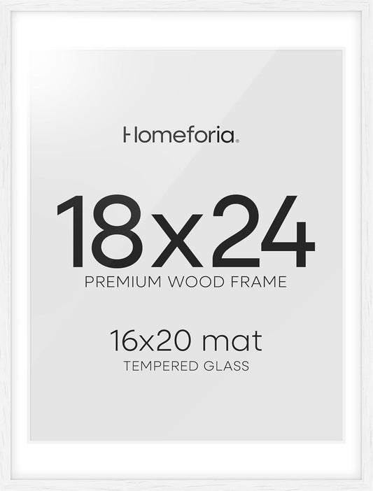 Homeforia 18 x 24 Poster Frame White, High End Oak 18x24 White Wood Picture Frame with Mat 16x20 Photo, 18 x 24 Wooden Frame Matted to 16 x 20, 24x18 Hanging Frames, Tempered Glass, Wall Kit, Set of 1