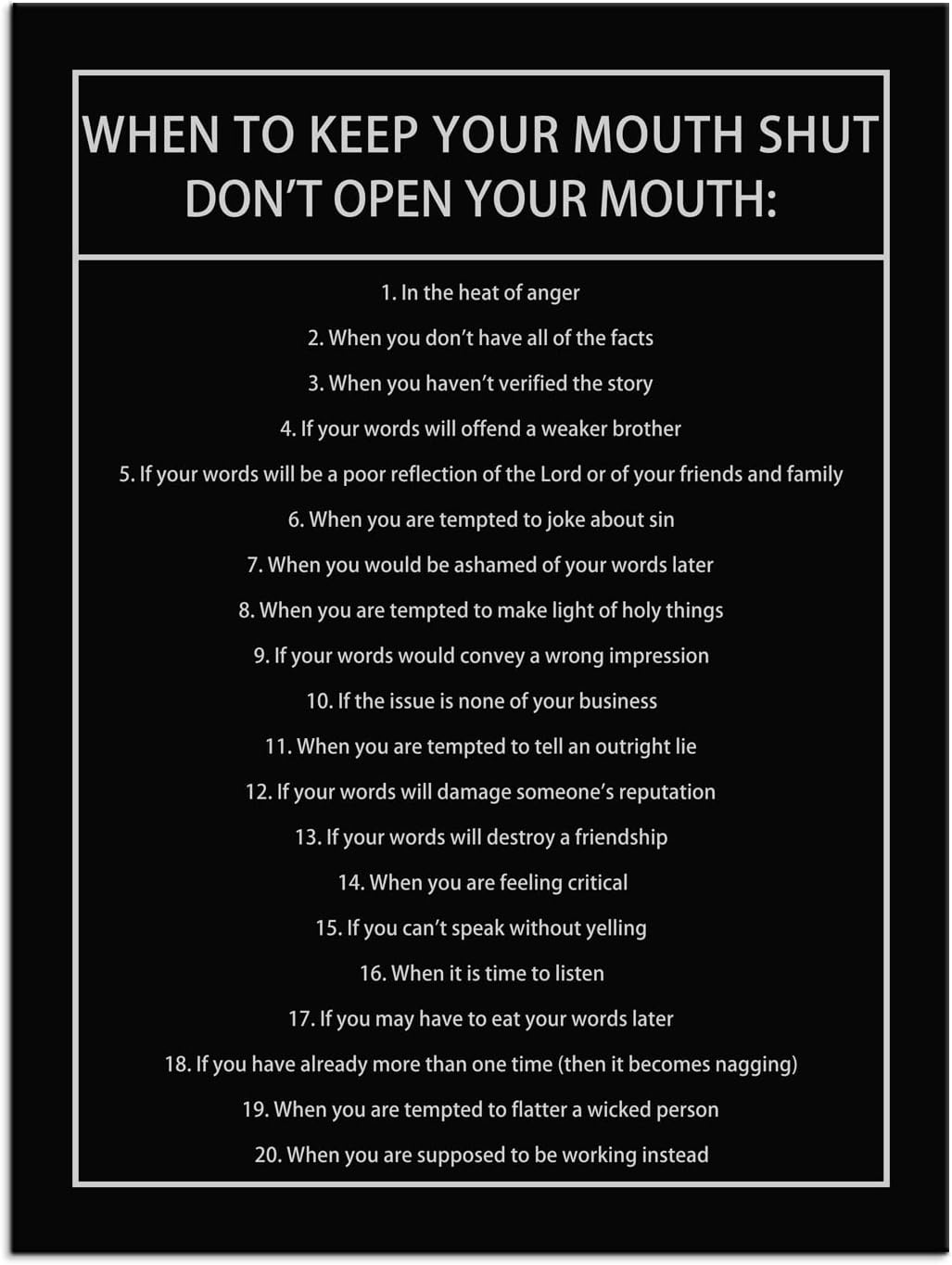 Inspirational Canvas Wall Art When to Keep Your Mouth Shut Don't Open Your Mouth Life Learning Poster Prints Artwork for Living Room Modern Home Decor Painting Stretched and Framed [18''Wx 24''H]