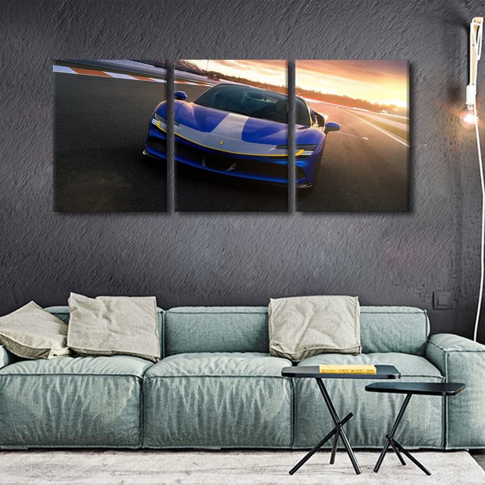 Wall Art for Living Room Large Size Blue Sports Car at Sunset Skyline Office Wall Decor Canvas Prints Super Car Speed Car Modern Artwork for Bedroom 3 Panels Bathroom Framed Ready to Hang, 36"Wx16"H