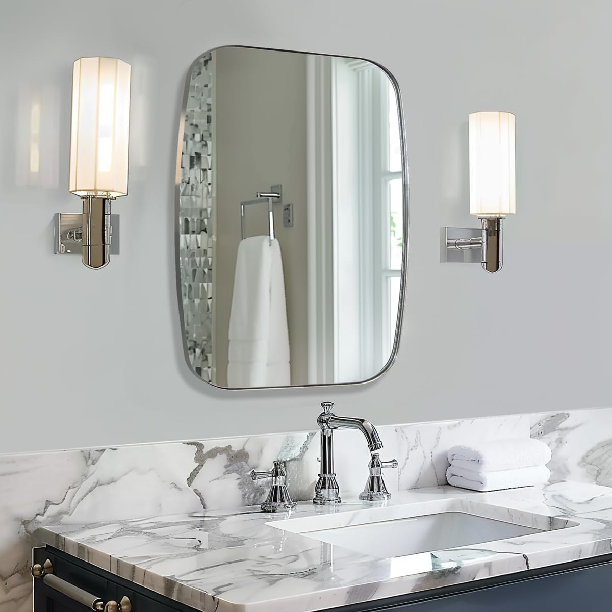 ANDY STAR Chrome Bathroom Mirror, 28x36 Inch Stainless Steel Metal Frame Oblong Bathroom Mirror for Vanity, 1’’ Deep Wall Mounted Vertically/Horizontal
