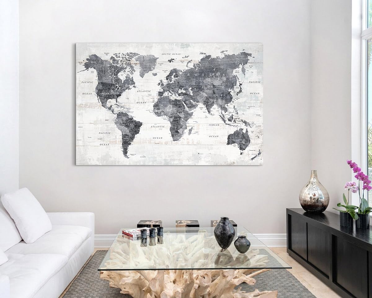 Wall Art for Living Room Home Office Frames Wall Decor Gray World Map Pictures for Bedroom Dining Room