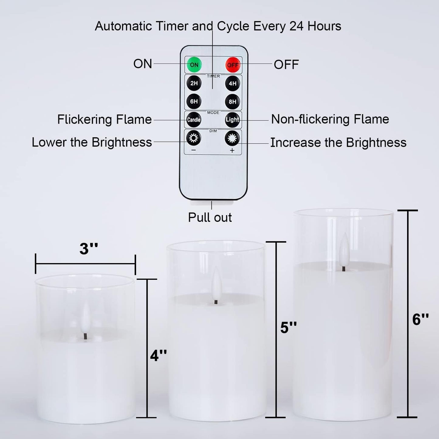 Amagic Clear Glass Flameless Candles Battery Operated with Timer, Remote Control, LED Pillar Candles, Battery Powered, Pure White Wax, Set of 3