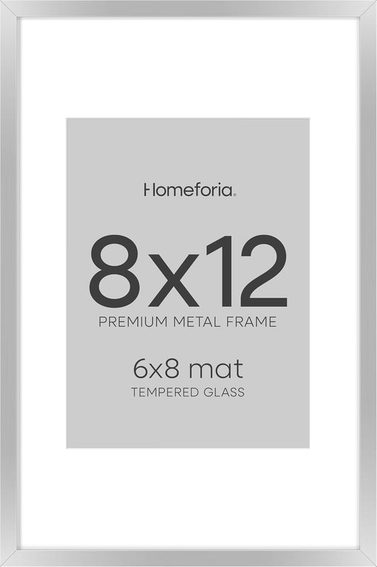 Homeforia Silver 8x12 Picture Frame, High End Metal 8 x 12 Poster Frames with Mat 6 by 8 for Photo, 12x8 Frame Matted to 6x8 inch Art, 8by12 Wall or Tabletop Frames, Tempered Glass, Wall Kit, Set of 1