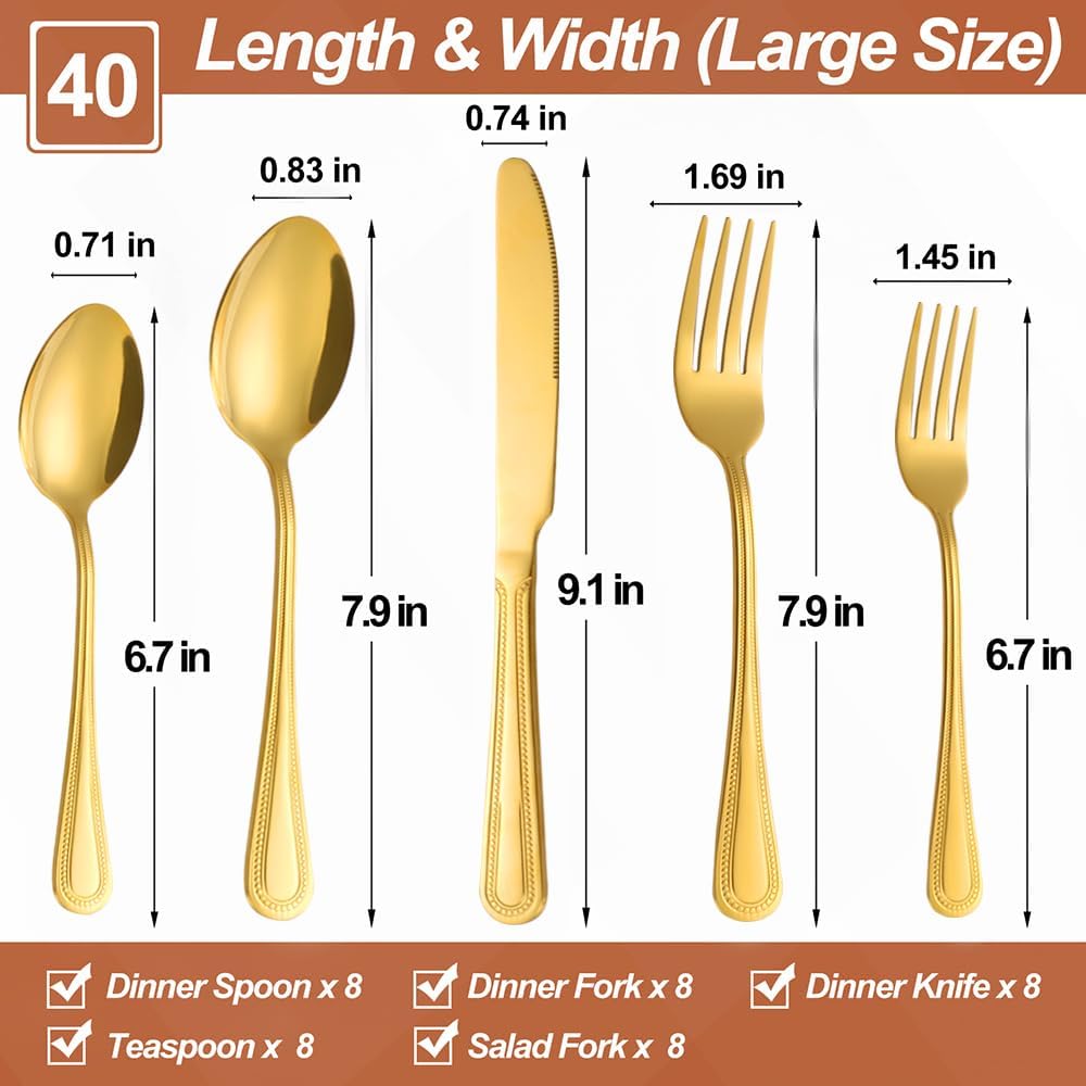 40 Pcs Gold Silverware Set for 8 with Pearled Edge Handle design, Food Grade Stainless Steel Flatware Set, Eating Utensils Sets Include Fork/Knife/Spoon, Reusable Cutlery Set, Dishwasher Safe