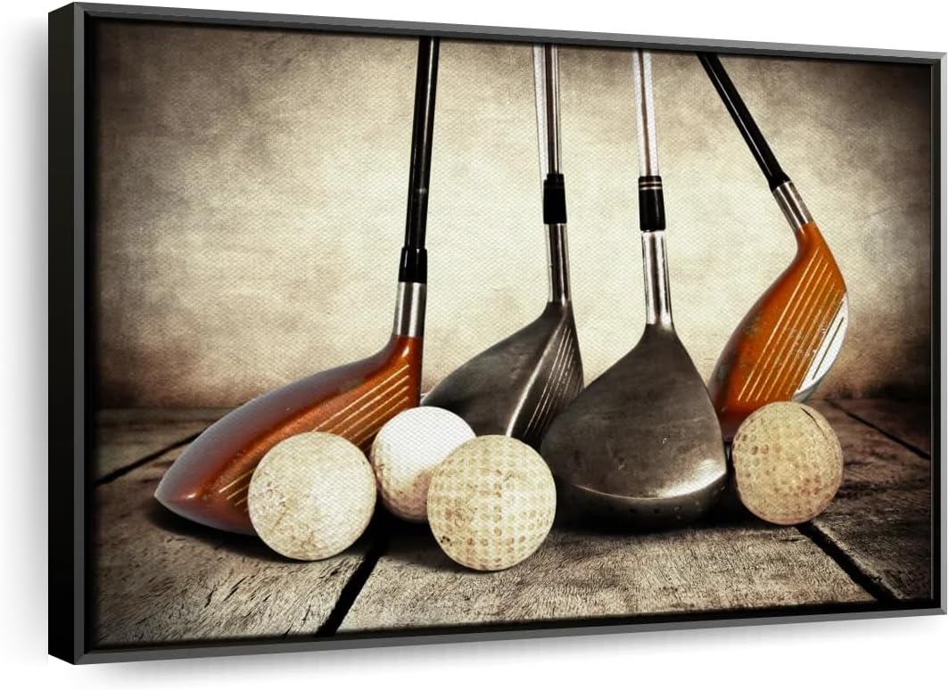 Elephant Stock Golf Sets Wall Art - Horizontal Framed Canvas - 1-Piece Mancave Wall Decor - Photography Sports Canvas Print - Yellow and Brown Decor for Wall - 25" X 17"