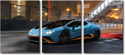 Wall Art for Living Room Blue Sports Car on the Street Canvas Wall Art Hypercar Contemporary Wall Art Posters and Prints Speed Car Modern Artwork Ready to Hang for Men Boys Bedroom Office, 36"Wx16"H
