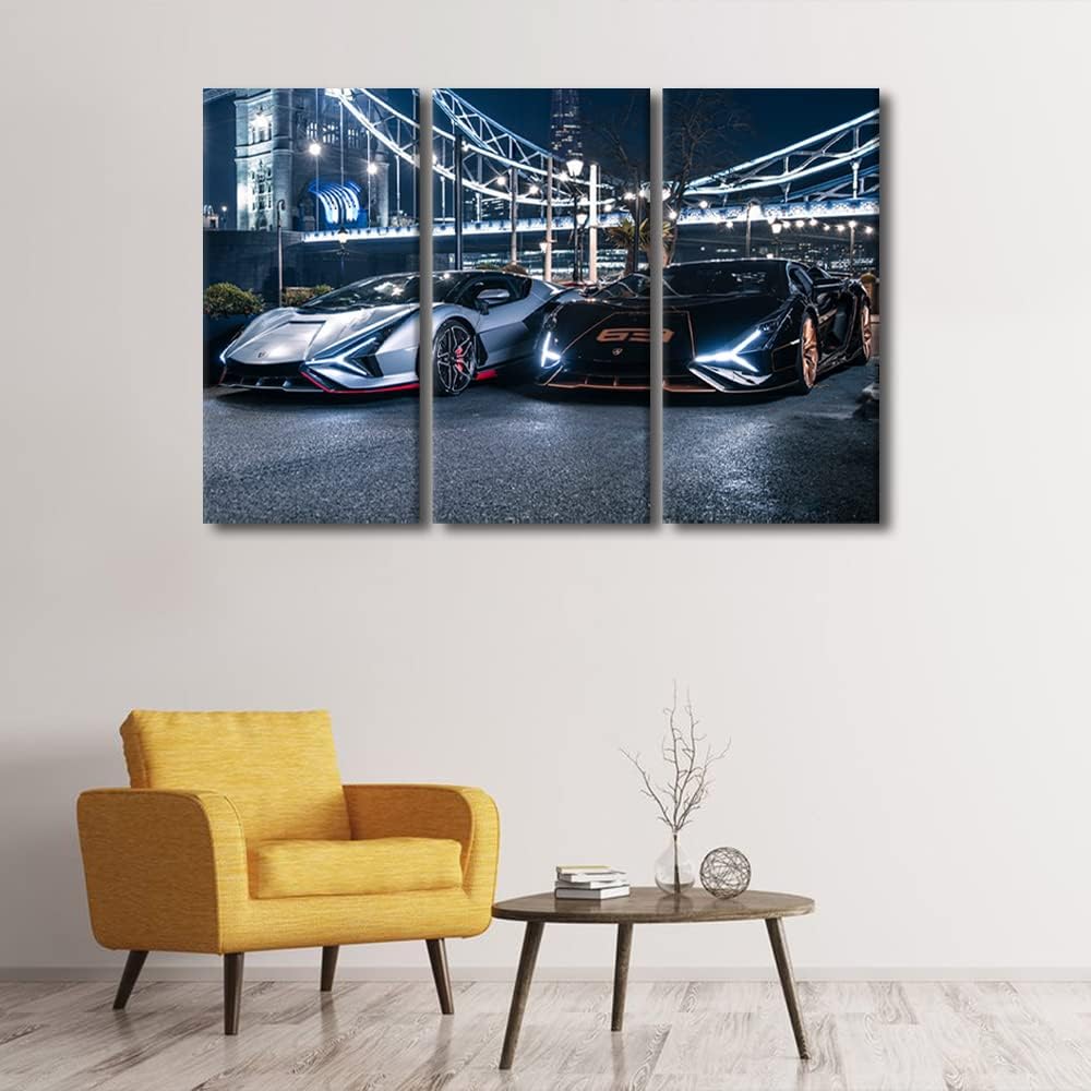 Wall Art Decor Painting on Canvas Sports Car Poster Pictures for Home Walls Super Cars and Bridge Landscape Office Wall Art 3 Pieces Framed Modern Artwork for Living Room Boys Bedroom, 42" Wx28 H
