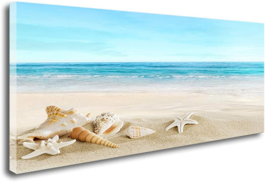DZL Art S73975 Beach Picture Decor Ocean Painting Canvas Wall Art Prints of Starfish and Seashell on Sandy Seaside Ready to Hang for Living Room Bedroom Office Wall Decor Home Decoration