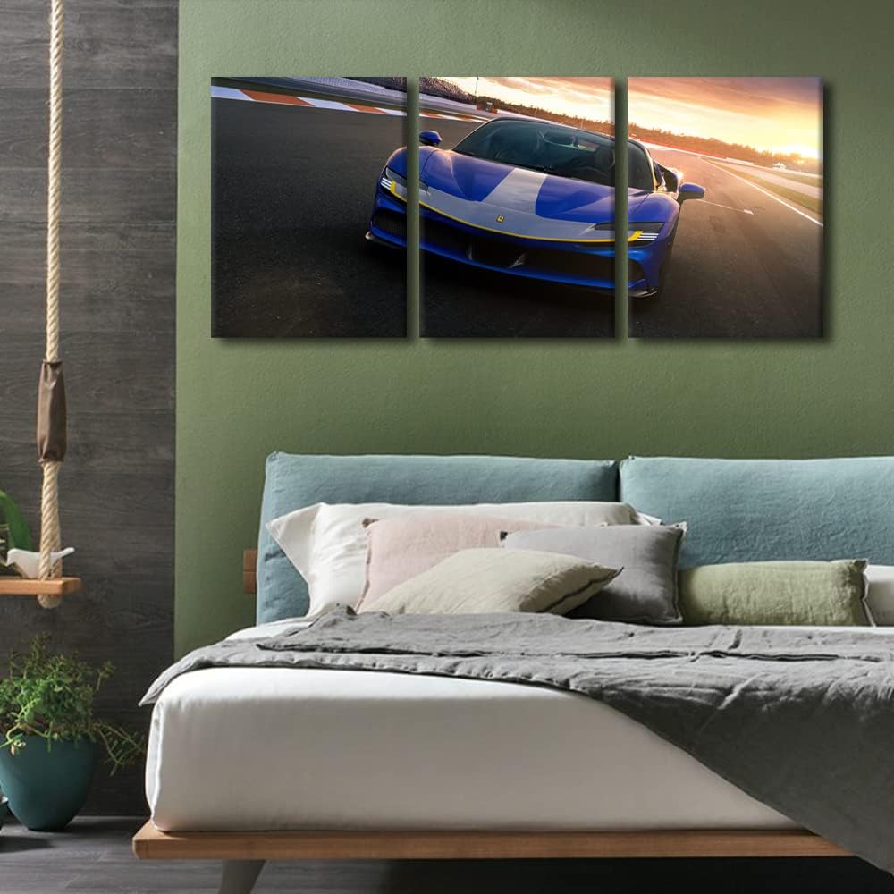 Wall Art for Living Room Large Size Blue Sports Car at Sunset Skyline Office Wall Decor Canvas Prints Super Car Speed Car Modern Artwork for Bedroom 3 Panels Bathroom Framed Ready to Hang, 36"Wx16"H