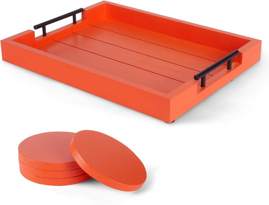 Ottoman With Handle for Living Room - Set of 4 Natural Wooden Coasters - Rustic Serving Tray for Coffee Table - Kitchen Decorative Tray With Handles (Orange)