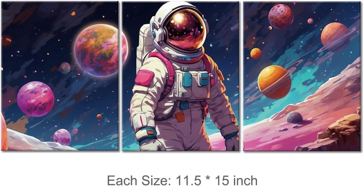Outer Space Wall Art - Astronaut Spaceman Planets Canvas Prints Posters, Framed Artwork for Space Room Boys Bedroom Playroom Home Decorations, 3 Panels