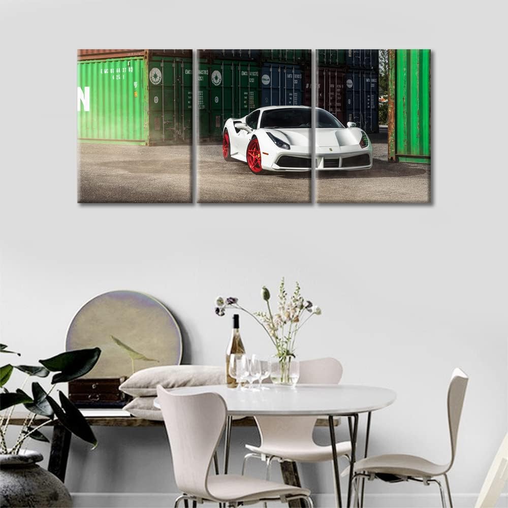TUMOVO White Sports Car Wall Art Painting Super Car Poster for Men Boys Bedroom Living Room Car in Warehouse Framed Modern Pictures Canvas Prints Artwork for Wall Decor Office Decorations, 36" Wx16 H