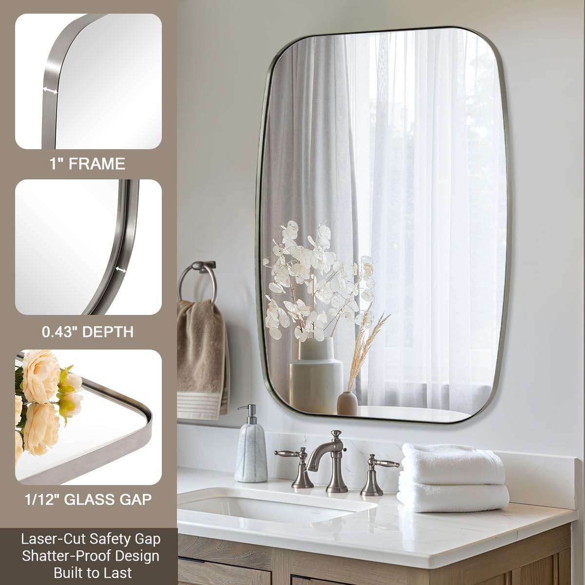 ANDY STAR Brushed Nickel Mirror, 30x48’’ Brushed Nickel Bathroom Oval Mirror with Stainless Steel Metal Frame, Silver Oblong Mirrors Wall Mounted for Bedroom, Living Room Decor